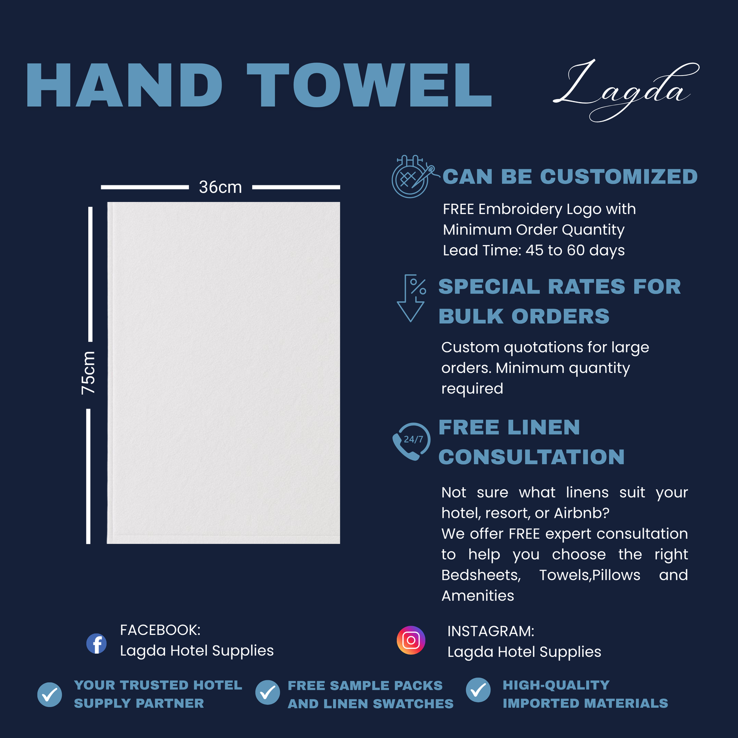 3-pack Luxury Hotel Hand Towel – Thick & Soft 100% US Cotton 150grams| Premium Quality for Hotels & Resorts