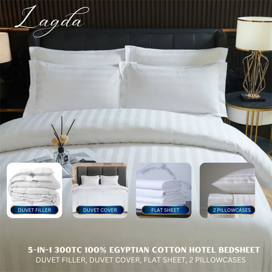 Bedsheet 5in1 - 300TC 100% Egyptian Cotton - (Duvet Filler, Duvet Cover, Flat sheet, 2Pillowcases)
